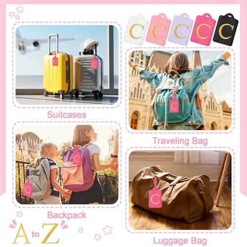 Image of Initial Luggage Tags for Suitcases, Cute Embroidered Letter Luggage Bag Suitcase Identifier Name Baggage Tag, PU Leather Travel Luggage Tags, Bag Tags for Men Women Kids Luggage Handbags(Rosered C)
