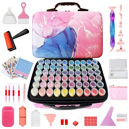 Image of Muzagroo Art Diamond Painting Storage Case 120 Slots Bead Portable Shockproof Organizer and Accessory Box with 5D Diamond Art Accessories and Tools Kits L (Pink-Deluxe Set)