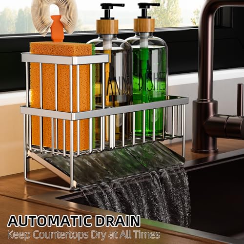 Image of Cisily Kitchen Dish Soap Dispenser Set Stainless Steel Sponge Holder and 2 Pack 16.9oz Clear Glass, Dish Soap Dispensers, Vintage Hand and Dish Soap Dispensers Set, Dispensador De Jabon De Cocina