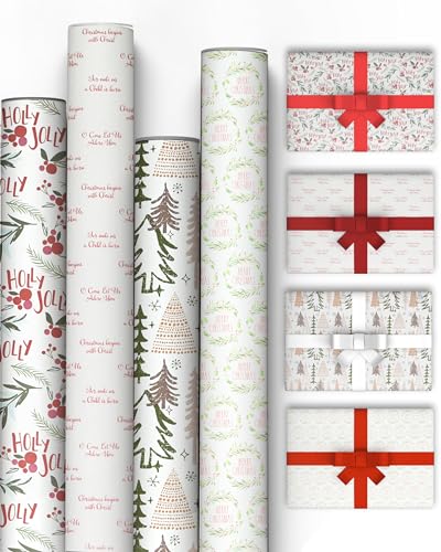 Kraft & Co Christmas Wrapping Paper Rolls – 4 Pack Thick Paper Sheets 69 cm x 8 m – Kraft Xmas Gift Wrap – Festive Eco Friendly Wrapping Papers for Christmas Gifts Wrap – Arts and Craft – 32 m Total