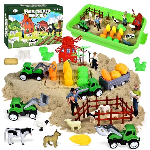 JONRRYIN Sable Magique Ferme Jouets, Jouets de Sable Cadeau, Sable Cinétique Jouet Sensoriel avec Camions et Animaux de Ferme pour Garçon Fille