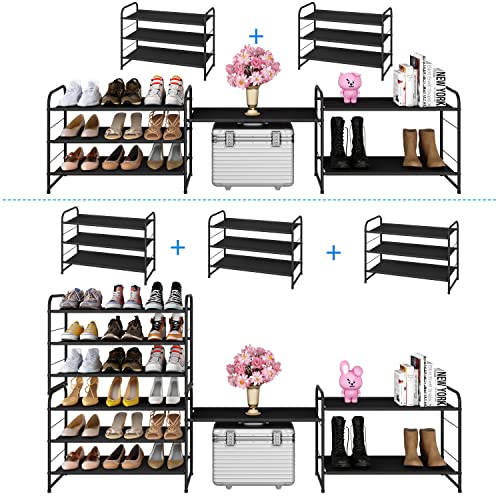 Simple Trending 3-Tier Stackable Shoe Rack, Expandable & Adjustable Fabric Shoe Shelf Storage Organizer, Black #TOP4