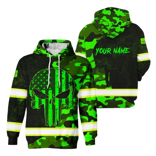 Maddly Hi Vis Hoodie Reflective Skull US Flag Green Camo Neon Custom Name Safety Workwear for Workers, Runners, Cyclists, Truckers, Operator, Skull Lover-L