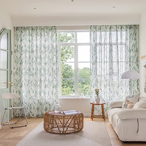 Suouo Linen Textured Semi-Sheer White Curtains For Living Room Print Green Leaves Bamboo Design Light Filtering Window Drapes Set For Bedroom Dining 52 X 84 Inch Length 2Panels Rod Pocket #TOP1