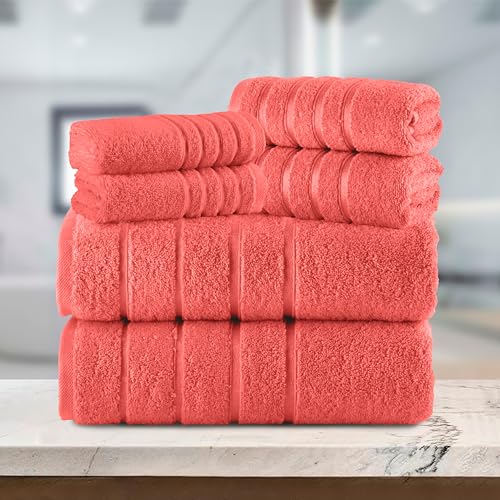 Image of Elegant Comfort 4 Lines Viscose Stripe 6-Piece Premium Towel Set - 100% Turkish Cotton High Absorbent Luxury Bathroom Towels - Includes 2 Washcloths,Hand & Bath Towels Set, Coral (Pack of 4)