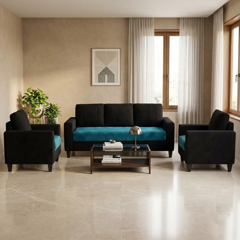 Image of Hendrick Plush Velvet 3 Seater + 1 Seater + 1 Seater Sofa Set | Silken Velvet Upholstery | Golden Legs | Designer Set for Living Room & Office Spaces (Black & Aqua Blue)