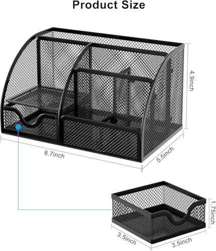 Image of 7 Compartment Metal Desk Organizer with Drawer for Office Table, Study Desk & Makeup Storage | Multi-Purpose Stationery Holder (Black)