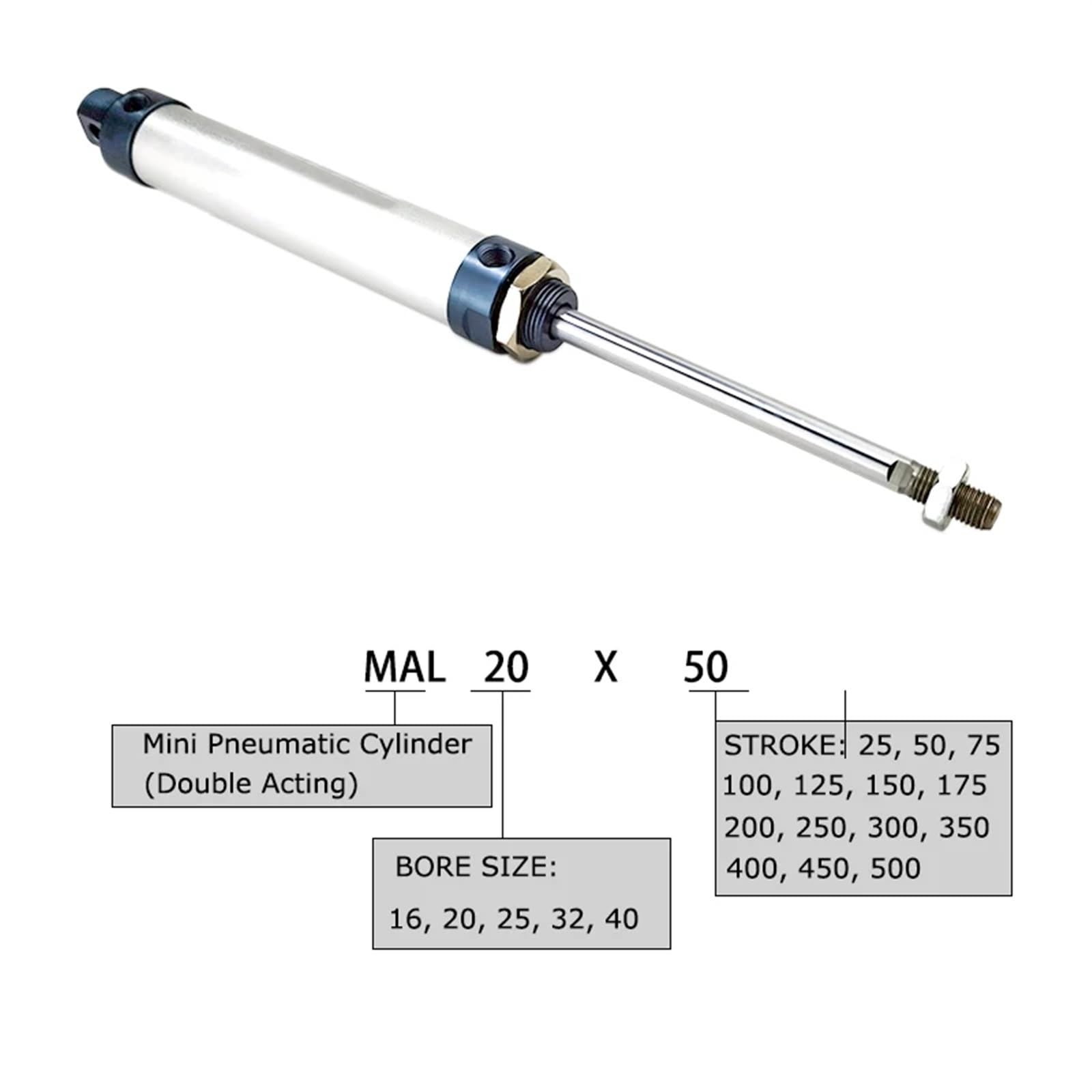 Mini vérin pneumatique MAL25/32 mm, Course 25-500 mm, Double Effet, en Alliage d'aluminium, 1 pièce(Stroke 300,MAL32 (Bore 32mm))