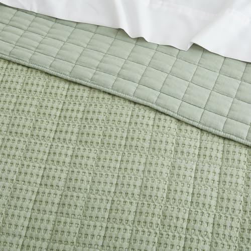 Image of Levtex Home Mills Waffle Queen Bedspread Set (104x106in) with 2 Pillow Shams (26x20in) - Desert Sage - 100% Cotton Queen Size Bedspread Set - Lightweight, Soft, Pre-Washed