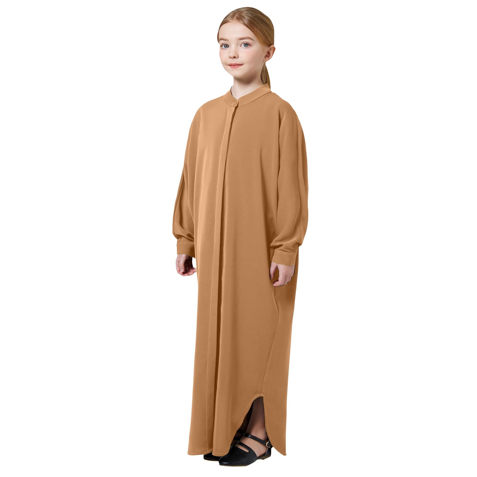 odasdo muslim girl dress one-piece abaya kids islamic kaftan ramadan prayer long robe button down batwing sleeve gown