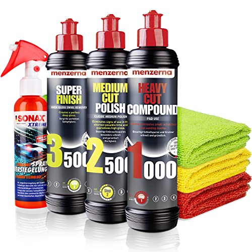 detailmate Menzerna Kit polissage pour voiture comprenant: Menzerna Heavy Cut Compound 1000 + Medium Cut Compound 2500 + Super Finish 3500 + Koch Chemie Allround Quick Shine 140ml + Chiffon microfibre