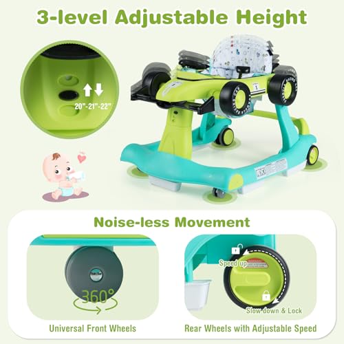 Image of GLACER Foldable Baby Walker, 4-in-1 Infant Walker with Adjustable Height & Speed, Music, Light, Steering Wheel & Washable Cushion, Baby Walker Activity Center for Boys Girls 6 -18 Months (Green)