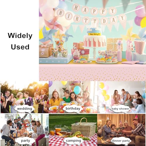 Image of 12 Pack Pink and Gold Tablecloth Party Decorations Plastic Pink Tablecloth Printed Gold Table Runner 54 x108 Inch Disposable Rectangle Table Cover for Birthday Wedding Graduation Anniversary