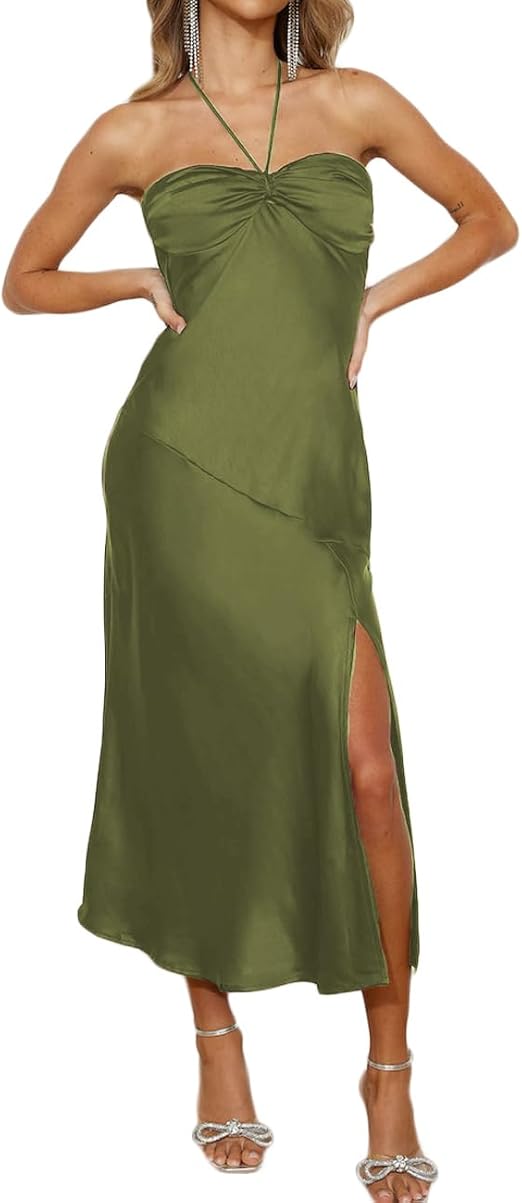 VUBIYA 2024 Summer Satin Tube Tops Slit Wedding Guest Dress for Women Elegant Sexy Strapless Halter Neck Midi Dresses