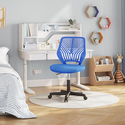 Image of Yaheetech Small Desk Chair, Armless Adjustable Swivel Seat, Blue | Padded mesh seat and ventilated resin back, compact armless frame rolls and adjusts for study and small desks, holds 300 lb.