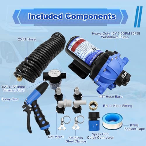 Image of 7.5 GPM 80 PSI Washdown Deck Wash Pump Kit, 12V Washdown Pump Kit with Strainer and Pressure Switch for RV,Boat,Sprayer,Travel Trailers,and Yacht -Freshwater Saltwater