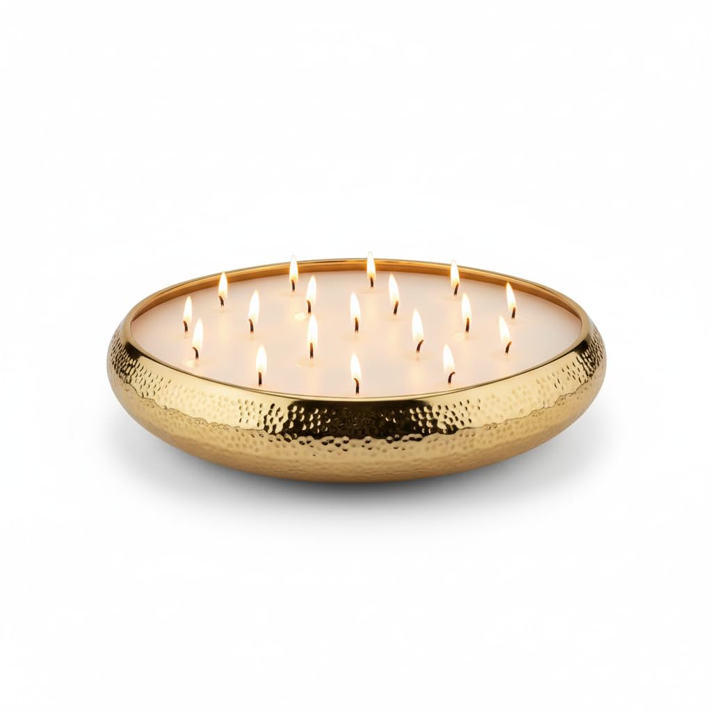 Rowen Homes Gold Aeolian 17 Wick Vanilla Scented Candle In Hammered Champagne Bowl (43Cm) - Luxurious Soy Wax Table Centrepiece, Perfect Home Decoration Gift, Elegant Interiors By (Gold)