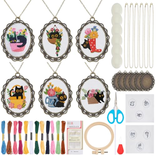 Image of INFUNLY 6 Set Retro Embroidery Pendant Kit for Beginner Cat Plant DIY Embroidery Stitching Necklace Mini Embroidery Stitch Kit Sewing Jewelry Kits with Hoop Instructions for Adults Art Gifts Hanging