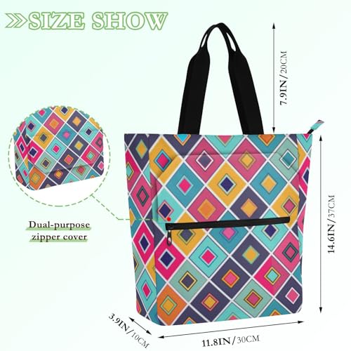 Cute Book Tote Bag for Kids Boys Girls, Geometric Colorful Plaids Lightweight Children Activity Bag Art Tote Bag with Zipper for School and Playtime Rainbow2