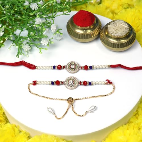 Image of Oblivion Rakhi Set for Brother and Bhabhi - Peacock with Feather Gift for Bhai & Lumba for Bhabhi with Silver Colour Coin and Greeting Card - Raksha Bandhan Combo