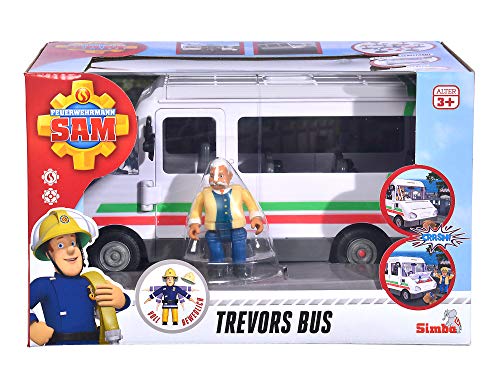 Simba 109251073 - Feuerwehrmann Sam Trevors Bus, mit Trevor Figur, mit Crashfunktion, Türen und Dach zum Öffnen, 21cm, für Kinder ab 3 Jahren