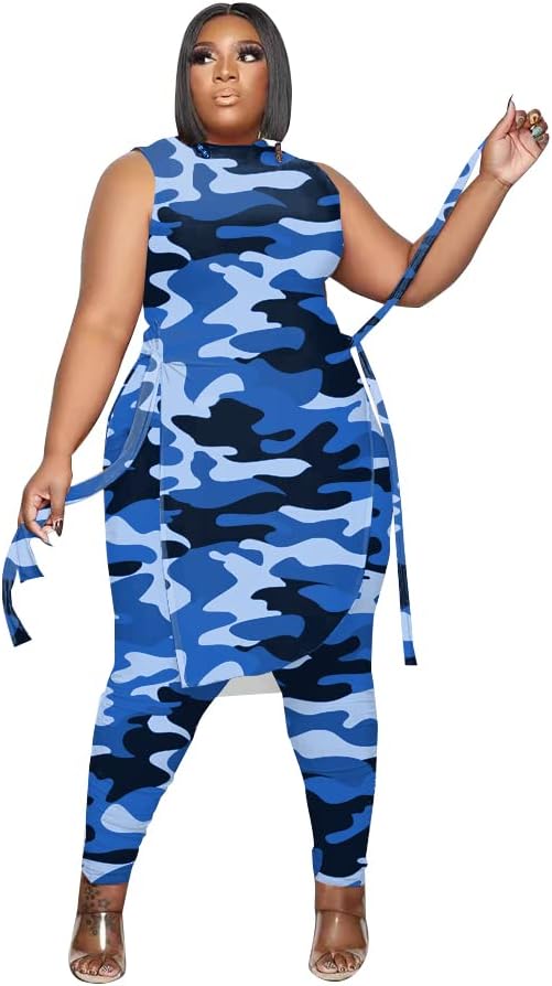 Women Plus Size 2 Piece Outfits Jumpsuit Camouflage Print Sleeveless Slit Tunic Tops Pant Set