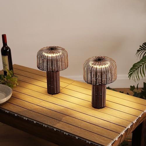Image of JONATHAN Y 10 inch Dark Brown /Black Modern Scandinavian Faux Wicker Rechargeable Table Lamp Set of 2, Cordless Dimmable Integrated LED Lantern for Indoor /Outdoor Patio, Woven Shade JYL7155A-SET2
