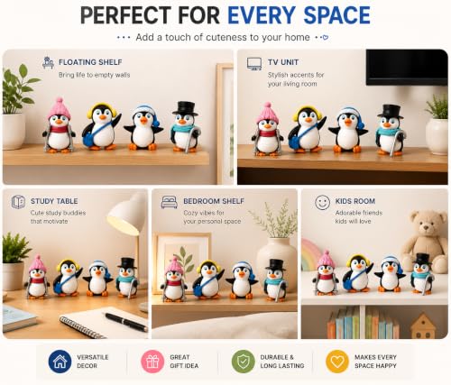 Image of Cute Penguin Miniature Showpiece Set of 4 Premium Resin Penguin Figurines for Home Decor Car Dashboard Office Desk Room Decoration Birthday Return Housewarming Gift