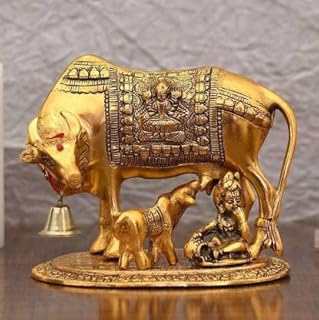 Kamdhenu Cow with Calf Statue 11.4 CM ( Brass, Gold)