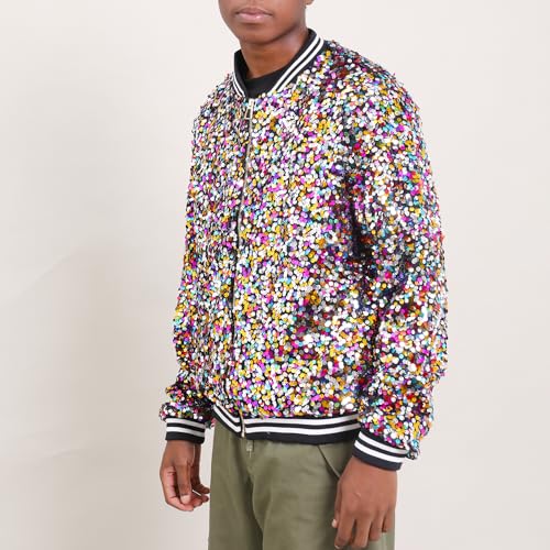 Image of YIYI Mens Sequin Jacket Bomber Sparkly Striped Varsity Glitter Jacket Male Party Outwear Coat Birthday Holiday Clothes