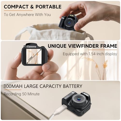 Image of Mini Keychain Camera 4K 64MP Vintage Digital Camera,Pocket Retro Nostalgia Video Camera with LED Light and 16G Micro SD Card, Suitable for Teenagers, Adults, Kids, and Photography Beginners Black