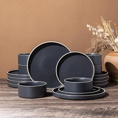 Image of LERATIO Ceramic Dinnerware Sets for 6, High Edge Stoneware Plates and Bowls Set, Chip and Crack Resistant | Oven & Dishwasher & Microwave Safe Dishes Set, Service for 6 -Speckeld Black