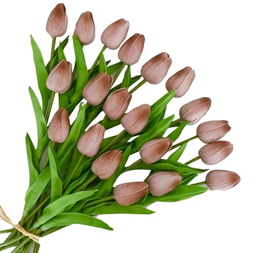 ONLY ART Artificial Brown Tulips 20 Pcs – 13.5 Inch PU Faux Flowers with Bendable Stems for Home Décor, Wedding Centerpieces, DIY Floral Arrangements, New Year and Valentine's Day