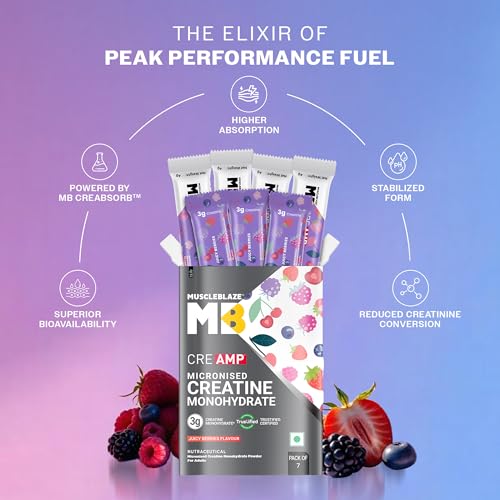 Image of MuscleBlaze Micronised Creatine Monohydrate CreAMP Powder, 7 Sachets | Juicy Berries | Trustified Certified Creatine