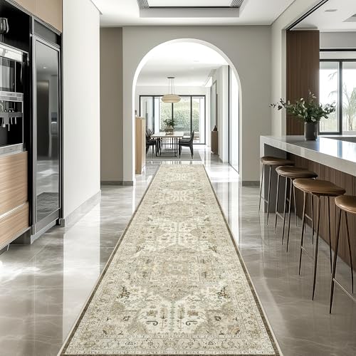 Madane Hallway Runner Rug 2'6''x16' Kitchen Runner - Non Slip Vintage Runners for Hallways Washable Kitchen Rugs Soft Low Pile 2.5x16 ft Rug Runner for Laundry Room, Entryway and Bedroom, Ivory/Brown