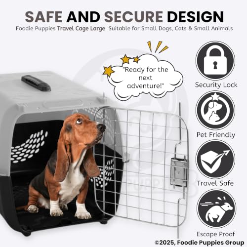 Image of Foodie Puppies Imported Plastic Pet Travel Carrier Cage & Kennel House (58 x 37 x 37 cm, Neon Grey) for Dogs, Puppies & Small to Medium Pets | Transporter Box with Metal Door & Spring Lock