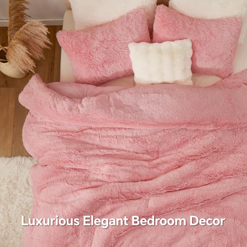 Image of BEDELITE Pink Fluffy Comforter Set Queen, Fuzzy Faux Fur Comforter | Warm Fleece Shaggy Bedding for Winter, Soft & Cozy Plush Bed Set with 2 Pillowcases