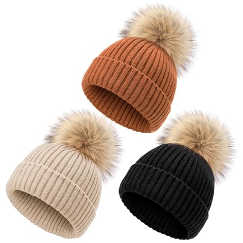 DRESHOW Gorro Bebe Invierno Gorro Lana Niño Sombreros Unisex de Punto Suave para Niños y Niñas con Pompón Bonito Gorros Cálidos para Niños de 0-36 Meses