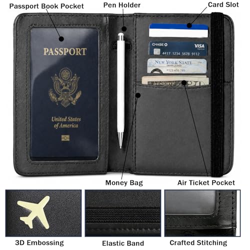 Image of Passport Holder for Travel, Rfid Passport Cover Case, Passport Wallet Women Travel Essentials Accessories Document Organizer with Elastic Band, Black, One Size, Minimalist