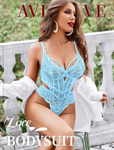 Image of Avidlove Sexy Lingerie for Women Lace Bodysuit Cut Out Snap Crotch Teddy | Seductive floral lace teddy, adjustable straps, scalloped edge, side cutouts, romantic date night wear