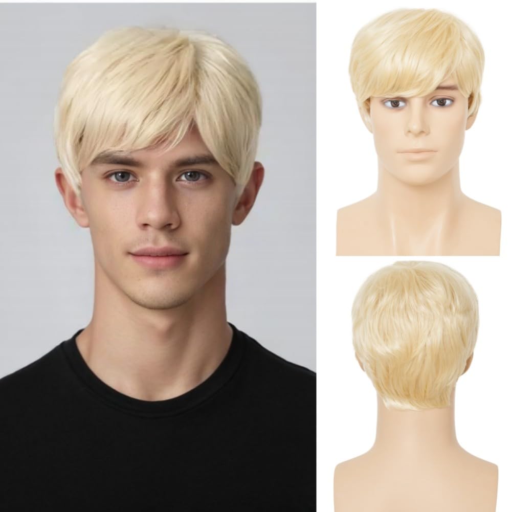Salaibs Mens Short Blonde Wig Natural Synthetic Hair Replacement Wig Cosplay Halloween Costume Party Wig