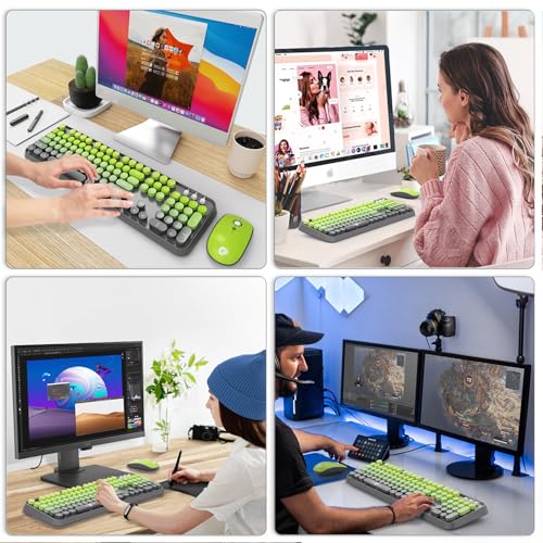 Image of Wireless Keyboard and Mouse Combo, 2.4G USB Cordless Round Keyboard and Mouse for Laptop Computer TV (102 Keys Matcha Green)