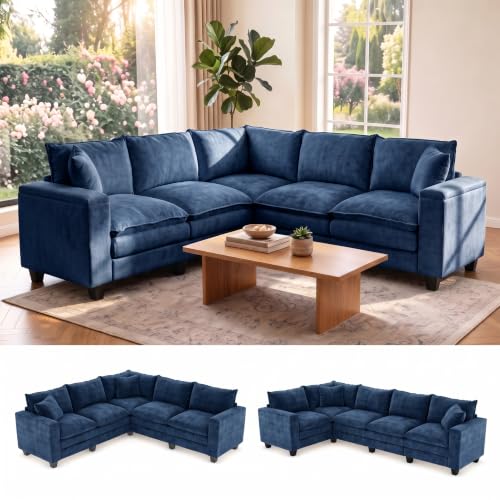 Image of 97 inch V Shaped Sectional Couch, Comfy Chenille Upholstered Modular Cloud Sofa, Convertible L Shaped Corner Couch with Storage Armrests & 2 Pillows, 5 Seat Sectional Couches for Living Room, Blue