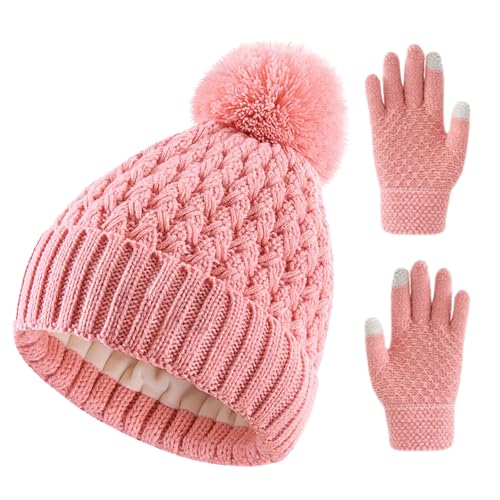 Toddler Winter Beanie Hat Gloves Set for Girls Boys Knit Pompom Hats Fleece Lined Skull Ski Cap Sets 1-6 Years