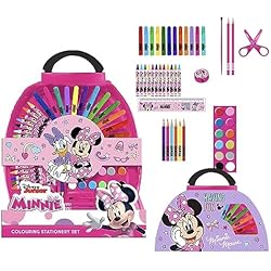 Maletin Escolar Minnie Set de 50 Piezas para Colorear de Minnie Mouse - Incluye Rotuladores, Acuarelas y Lapiceros de Colores - Con Tijeras y Regla para Manualidades - Producto Original Diseñado en España