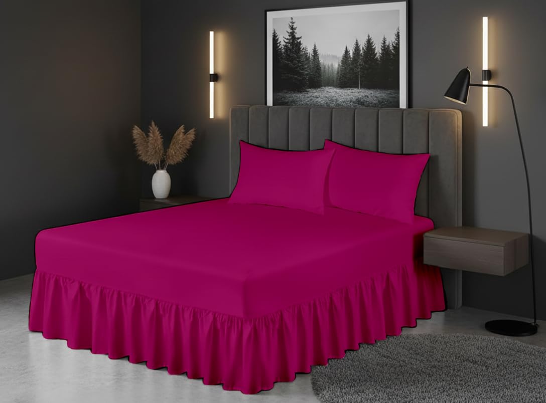 Luxury Polycotton Fitted Valance Sheet – Plain Dyed Bed Skirt Platform Base Cover, Easy Care, Wrinkle Resistant, (Fuchsia, Double)