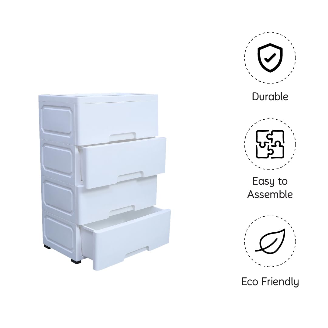 The Tickle Toe PP + HDPE Plastic Child-Safe Chest of 4 Drawers | Portable Kids Glossy Organizer & Storage Cabinet | Secure & Sturdy | Made in India | 51Lx33Wx82H cm | White 4