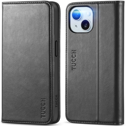TUCCH Funda para iPhone 15 5G, Carcasa de Cuero TPU [Bloqueo RFID] Soporte Plegable, Protector Case con Ranuras para Tarjetas, Funda Soporte Magnética para iPhone 15 (6.1 Pulgadas, 2023), Negro