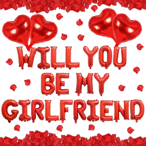 Valentines Day Decorations Set, Will You Be My Girlfriend Balloons 500 PCS Red Rose Petals and Heart Shape Balloons for Valentines Day Party Wedding Anniversary Engagement Decor