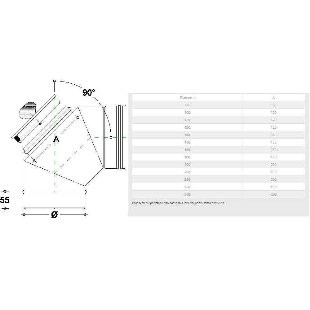 Curva gomito acciaio inox AISI 304 5/10 canna fumaria 90° con ispezione (160mm)